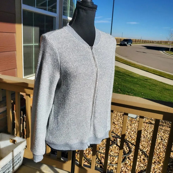 Juicy Couture Cardigan Bomber Women's Small Silver Mesh Full Zip Sweater Jacket - Picture 3 of 15